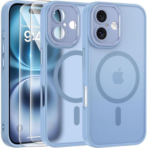 Magnétique Coque Pour Iphone 16 Avec 2 Verre Trempé, Compatible Avec Magsafe, Protection D'objectif Tout Compris, Etui Translucide Mat Arrière Housse Fine Antichoc Case Iphone 16 6.1"", Bleu