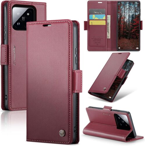 SJZG-Coque Pour Xiaomi 14, Étui Housse En Rfid Protection Premium Pu Cuir Portefeuille Rabat Case Magnétique Stand Antichoc, Étui Case Pour Xiaomi 14, Rouge
