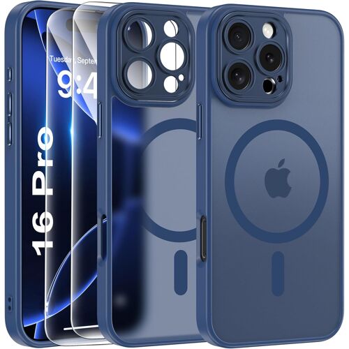 NSIECD-Magnétique Coque pour iPhone 16 Pro avec 2 Verre Trempé, Compatible avec MagSafe, Protection d'objectif Tout Compris, Etui Mat Arrière Housse Fine Antichoc Case 16 Pro 6.3"", Bleu Orage