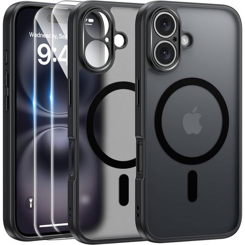 Coque iPhone 16 (6,1"") compatible MagSafe - Translucide mate noire, slim antichoc avec protection caméra + 2 films écran verre trempé