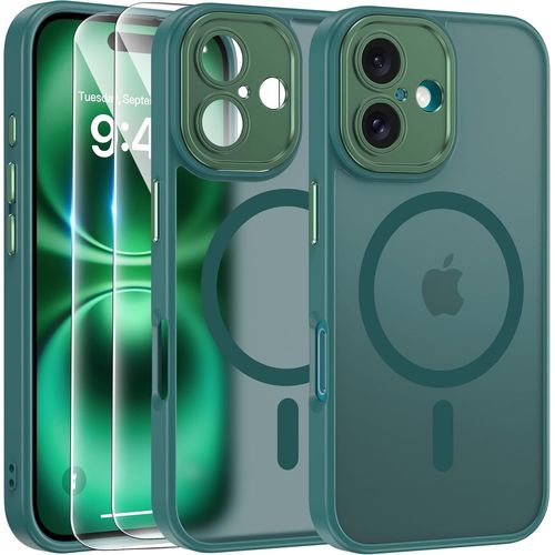 Magnétique Coque Pour Iphone 16 Avec 2 Verre Trempé, Compatible Avec Magsafe, Protection D'objectif Tout Compris, Etui Mat Arrière Housse Fine Antichoc Case Iphone 16 6.1"", Vert