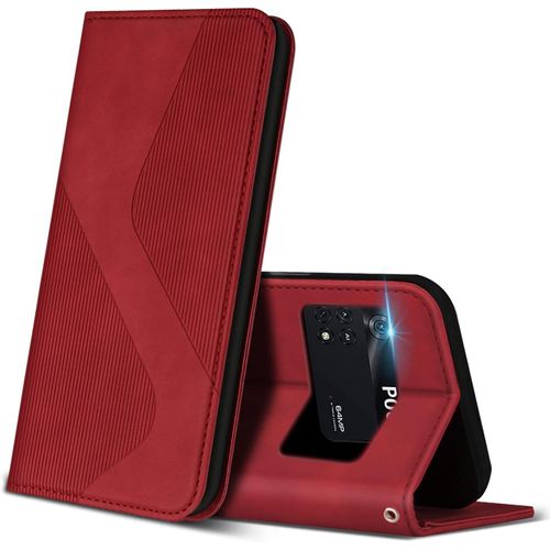 KAL-Coque Pour Xiaomi Poco M4 Pro 4G, Premium Étui Housse En Cuir De Protection Avec [Emplacements Cartes] [Magnetique], Clapet Folio Portefeuille Pour Xiaomi Poco M4 Pro 4G (Rouge)