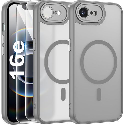 Magnétique Coque Pour Iphone 16e Avec 2 Verre Trempé, Compatible Avec Magsafe, Protection D'objectif Tout Compris, Etui Mat Arrière Housse Fine Antichoc Case Iphone 16e 6.1"", Gris