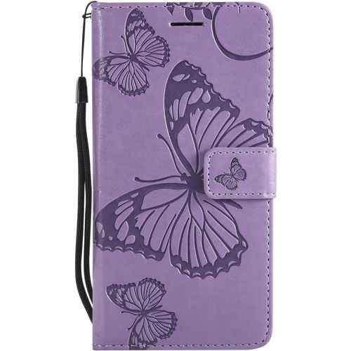 Kal-Coque Pour Huawei P10 Lite, Papillon Imprimé Pu En Cuir Coque Magnétique Portefeuille Tpu Étui Housse Pour Huawei P10 Lite - Violet