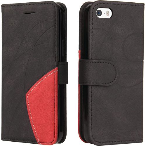 KAL-Coque Pour Iphone 5/5S/Se 2016 (4,0 Pouces),Etui En Cuir Pu Portefeuille Housse Fermeture Magnétique Und Flip Case Avec Antichoc Tpu, Etui À Rabat, Fentes Pour Cartes (Le Noir)