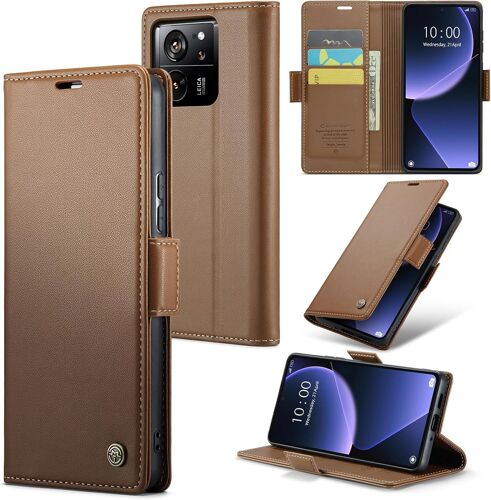 SJZG-Coque Pour Xiaomi 13T/13T Pro, Étui Housse En Rfid Protection Premium Pu Cuir Portefeuille Rabat Case Magnétique Stand Antichoc, Étui Case Pour Xiaomi 13T/13T Pro, Marron