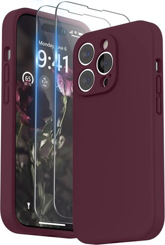 KALANKA-Coque Compatible avec iPhone 14 Pro avec Verre Trempé, Silicone Liquide Protection Individuelle pour Chaque Objectif Épaissie Etui pour iPhone 14 Pro 6,1 Pouces, Prune