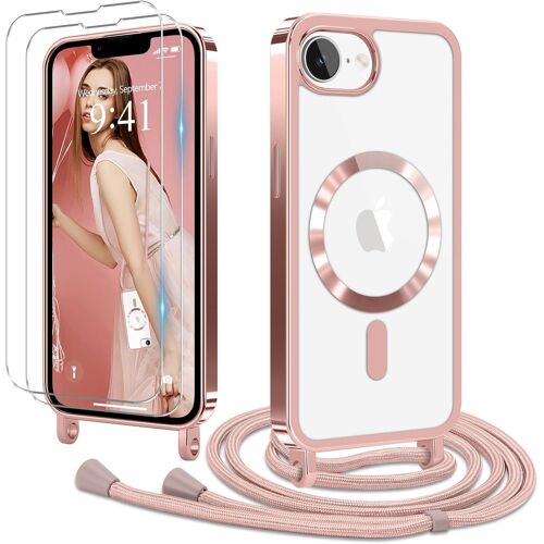 KALANKA-Coque pour iPhone 16e avec Cordon de Collier + 2×Verre Trempé, Coque Transparente TPU Bumper Silicone Etui Housse avec Cordon Réglable, Coque Magnétique pour iPhone 16e Rose
