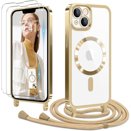 Coque Pour Iphone 14 Plus Avec Cordon De Collier + 2×Verre Trempé, Coque Transparente Silicone Tpu Bumper Etui Housse Avec Cordon Réglable, Coque Magnétique Pour Iphone 14 Plus Gol[HOU990565]