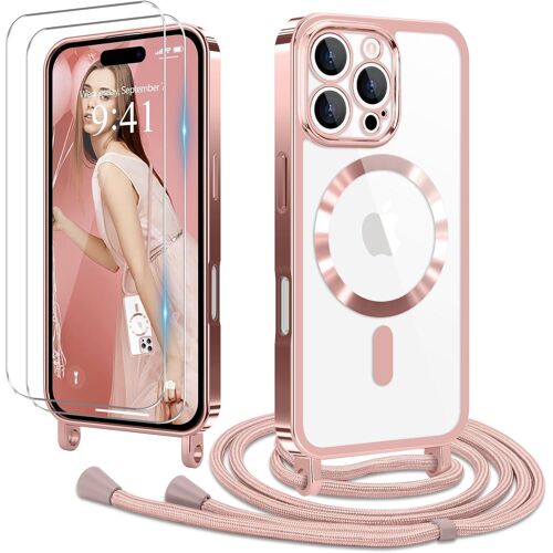 KAL-Coque Pour Iphone 16 Pro Max Avec Cordon De Collier + 2×Verre Trempé, Coque Transparente Tpu Bumper Silicone Etui Housse Avec Cordon Réglable, Coque Magnétique Pour Iphone 16 Pro Max Rose