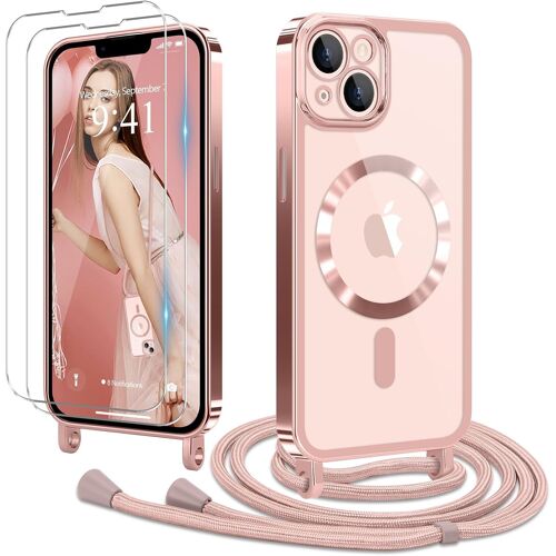 JGD-Coque pour iPhone 13/iPhone 14 avec Cordon de Collier + 2×Verre Trempé, Coque Transparente Silicone TPU Bumper Etui Housse avec Cordon Réglable, Cover Magnétique pour iPhone 13/14 Rose