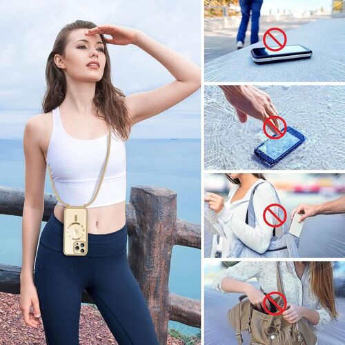 Tzf-Coque Pour Iphone 14 Pro Max Avec Cordon De Collier + 2×Verre Trempé, Coque Transparente Tpu Bumper Silicone Etui Housse Avec Cordon Réglable, Coque Magnétique Pour Iphone 14 Pro Max Or