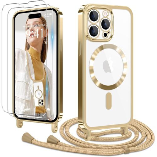 KAL-Coque Pour Iphone 15 Pro Max Avec Cordon De Collier + 2×Verre Trempé, Coque Transparente Silicone Tpu Bumper Etui Housse Avec Cordon Réglable, Coque Magnétique Pour Iphone 15 Pro Max Or