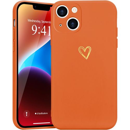 Coque Compatible Avec Iphone 14 Antichoc Coque Silicone Tpu Avec Motif Coeur D'amour Doré Mignon Étui Protection Complète Souple Pour Iphone 14 6,1 Pouces (Orange)