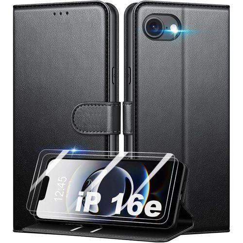 AYU-Coque pour iPhone 16e + 2 Pièces Verre Trempé, [RFID Blocage] Étui de Protection Housse Premium en Cuir PU, [Fentes pour Cartes] Pochette de Portefeuille Etui à Rabat - Noir