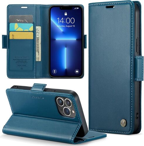 SJZG-Coque Pour Iphone 13 Pro, Étui Housse En Rfid Protection Premium Pu Cuir Portefeuille Rabat Case Magnétique Stand Antichoc, Étui Case Pour Iphone 13 Pro, Bleu