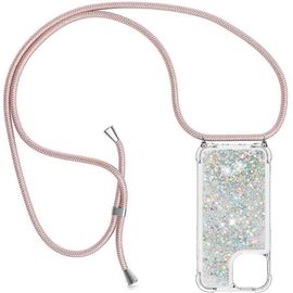 Coque Iphone 13 Mini Silicone Transparente Paillettes Liquides (Sable Mouvant) Avec Cordon Tour De Cou Réglable ¿ Protection Écran Et Caméra Anti-Chute