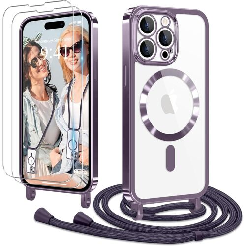 KAL-Coque Pour Iphone 15 Pro Max Avec Cordon De Collier + 2×Verre Trempé, Coque Transparente Silicone Tpu Bumper Etui Housse Avec Cordon Réglable, Coque Magnétique Pour Iphone 15 Pro Max Violet
