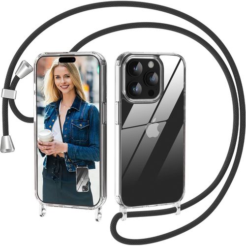 Coque Avec Cordon Pour Iphone 15 Pro Max, Transparente Anti-Jaunissement Coque Antichoc Housse Collier Réglable Téléphone Étui Portable Lanyard Case Protection Complète Cover(6.7"",Noir)