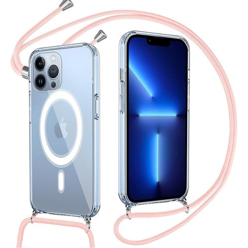 Coque Magnétique Pour Iphone 13 Pro Max 6,7 Pouces Compatible Magsafe - Silicone Transparent Antichoc Avec Lanière Collier Réglable Et Bandoulière Rose