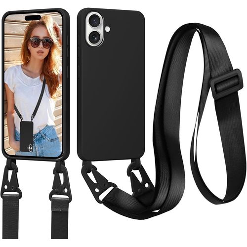 Ppdaz-Coque Pour Iphone 16 Plus Avec Cordon, Collier Pour Étui En Silicone Liquide Avec Portable Sangle Réglable Bandouilière Lanyard Colliers Lanière, Housse Tpu Anti-Choc Case, Noir