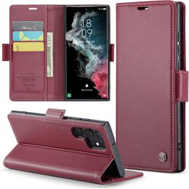 Kal-Coque Pour Samsung Galaxy S22 Ultra Étui Portefeuille Wallet Cover En Cuir Pu Avec Cartes Magnétique Et Rfid Protection Antivol Folio Housse Samsung S22 Ultra Case, Vin Rouge