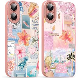 2 Pièces Coque Pour Iphone 16 Plus 6,7'', Etui Silicone Avec Summer Collage Fleur Aesthetic Motif Design, Caméra De Protection Case Antichoc Housse Pour Femme Ultra Fine Tpu Étui Souple
