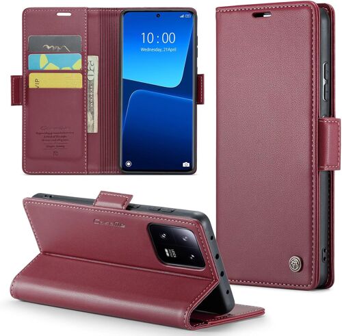 KAL-Coque Pour Xiaomi 13 Pro Étui Portefeuille Wallet Cover En Cuir Pu Avec Cartes Magnétique Et Rfid Protection Antivol Folio Housse Xiaomi 13 Pro Case, Vin Rouge