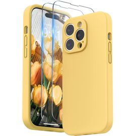 Coque Compatible Iphone 14 Pro (6,1"") En Silicone Liquide + Verre Trempé Inclus - Bords Renforcés Et Protection Individuelle Des Objectifs - Jaune Soleil