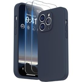 Coque Iphone 14 Pro 6,1 Pouces ¿ Silicone Liquide + Verre Trempé, Protection Renforcée Objectifs Et Écran, Bords Épaissis, Bleu Nuit