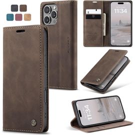 KAL-Coque Iphone 16 Pro Max Housse Antichoc En Cuir Pu Premium Fentes Cartes Etui Pochette De Portefeuille Avec Fonction Support Case À Rabat Pour Iphone 16 Pro Max - Café