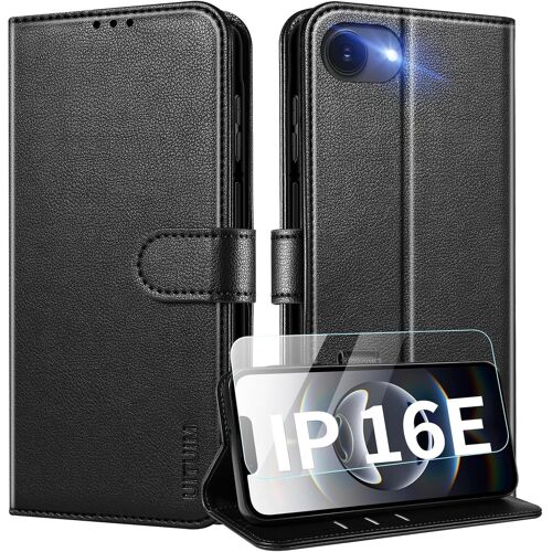 acdsgd-Coque pour iPhone 16e Coque Etui Portefeuille Cuir avec Verre Trempé Protection Écran Porte Carte Rabat Clapet Flip Case Étui Cover Housse Etui Coque pour iPhone 16e,Noir