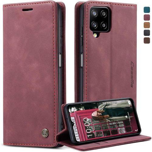 Kal-Coque Samsung Galaxy A12/M12, Housse Antichoc En Cuir Pu Premium Fentes Cartes Etui Pochette De Portefeuille Avec Fonction Support Case À Rabat Pour Samsung Galaxy A12/M12 - Vin Rouge