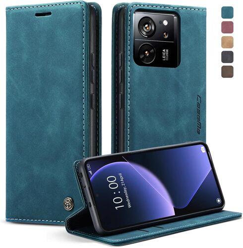 CAUC-Coque Xiaomi 13T/13T Pro, Housse Antichoc en Cuir PU Premium Fentes Cartes Etui Pochette de Portefeuille avec Fonction Support Case à Rabat pour Xiaomi 13T/13T Pro - Bleu Vert