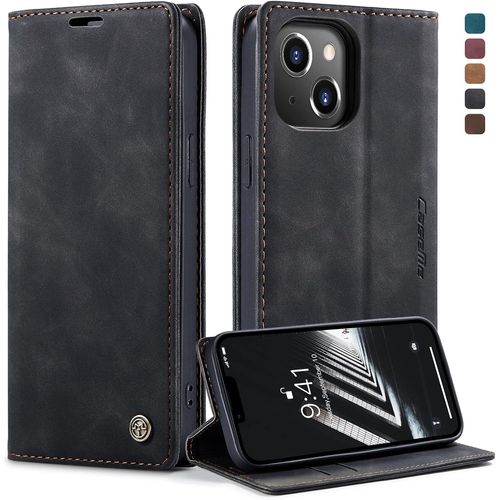 Aefj-Coque Iphone 14, Housse Antichoc En Cuir Pu Premium Fentes Cartes Etui Pochette De Portefeuille Avec Fonction Support Case À Rabat Pour Iphone 14 - Noir