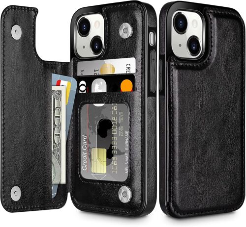 Coque pour iPhone 13 Pochette de Portefeuille Coque de Protection Antichoc avec Flip Fermeture Magnétique Support Slot de Emplacement Carte Étui Housse Premium en Cuir PU pour iPhone 13-Noir