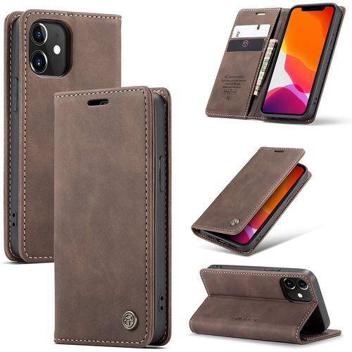 Sjzg-Coque Iphone 12 Mini Housse Antichoc En Cuir Pu Premium Fentes Cartes Etui Pochette De Portefeuille Avec Fonction Support Case À Rabat Housse Pour Iphone 12 Mini - Café