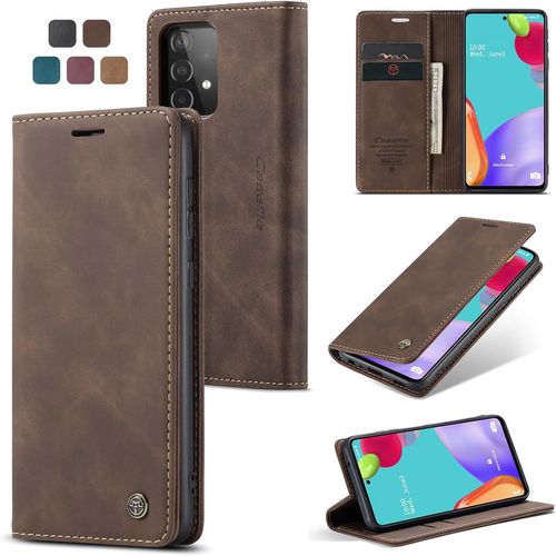 Kal-Coque Pour Samsung Galaxy A52 Pochette, Etui Protection Housse Premium En Cuir Pu,Etui À Rabat Pochette De Portefeuille Étui Pour Samsung Galaxy A52 5g Case, Café