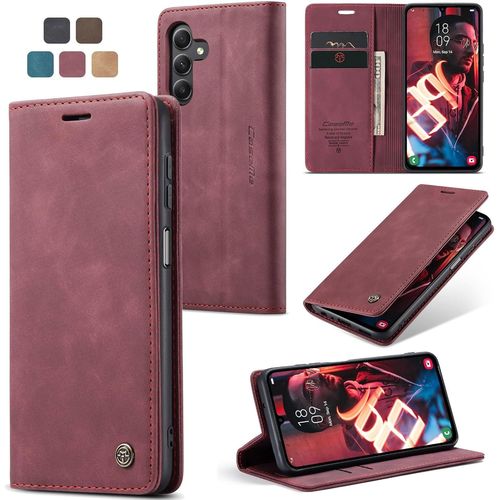 CAUC-Coque Samsung Galaxy A15 4G/5G, Housse Antichoc en Cuir PU Premium Fentes Cartes Etui Pochette de Portefeuille avec Fonction Support Case à Rabat pour Samsung Galaxy A15 4G/5G -Vin Rouge