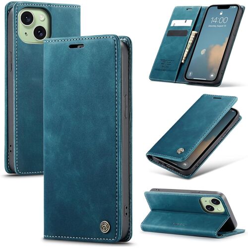 SJZG-Coque Pour Iphone 15 Plus 5G Premium Housse Cuir Protection Pochette Rabat Portefeuille Flip Case Porte Magnétique Coque Étui Pour Iphone 15 Plus, Bleu Vert