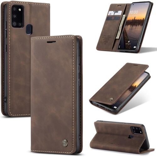 KAL-Coque Pour Samsung Galaxy A21S Pochette, Etui Protection Housse Premium En Cuir Pu, Etui À Rabat Pochette De Portefeuille Étui Pour Galaxy A21S Case, Café