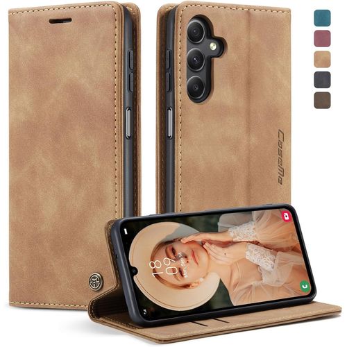 CAUC-Coque Samsung Galaxy A15 4G/5G, Housse Antichoc en Cuir PU Premium Fentes Cartes Etui Pochette de Portefeuille avec Fonction Support Case à Rabat pour Samsung Galaxy A15 4G/5G - Brun