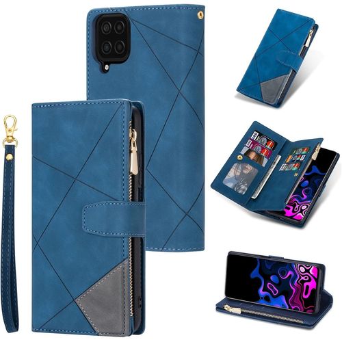 Kal-Coque Pour Samsung Galaxy A12 5g, Etui En Cuir Pu Portefeuille Rétro Antichoc Flip Case Anti-Choc Housse Avec Fentes De Cartes Fonction Support, Fermeture Magnétique - Diamant Bleu