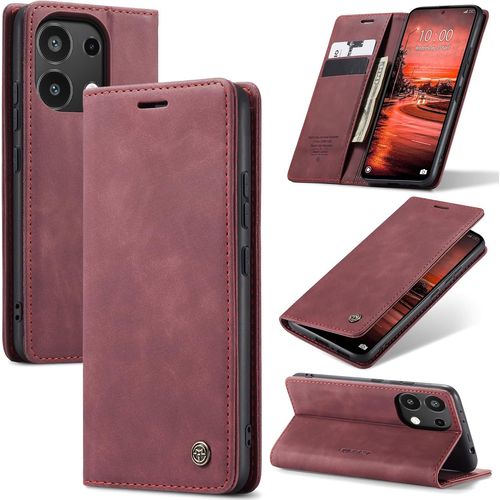 Kal-Coque Pour Xiaomi Redmi Note 13 4g Premium Housse Cuir Protection Pochette Rabat Portefeuille Flip Case Porte Magnétique Coque Étui Pour Redmi Note 13 4g, Vin Rouge
