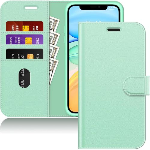 Tea-Coque Portefeuille Pour Iphone 11 6,1 Pouces, Etui En Cuir Pu Avec Couverture À Rabat Magnétique Antichoc Avec Porte-Cartes Et Fonction De Support (Vert)