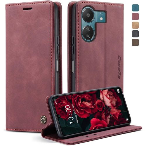 Kal-Coque Xiaomi Redmi 13c/Poco C65, Housse Antichoc En Cuir Pu Premium Fentes Cartes Etui Pochette De Portefeuille Avec Fonction Support Case À Rabat Pour Xiaomi Redmi 13c/Poco C65 - Vin Rouge