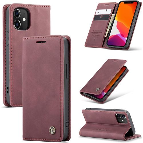 Sjzg-Coque Iphone 12 Mini, Housse Antichoc En Cuir Pu Premium Fentes Cartes Etui Pochette De Portefeuille Avec Fonction Support Case À Rabat Pour Iphone 12 Mini - Vin Rouge