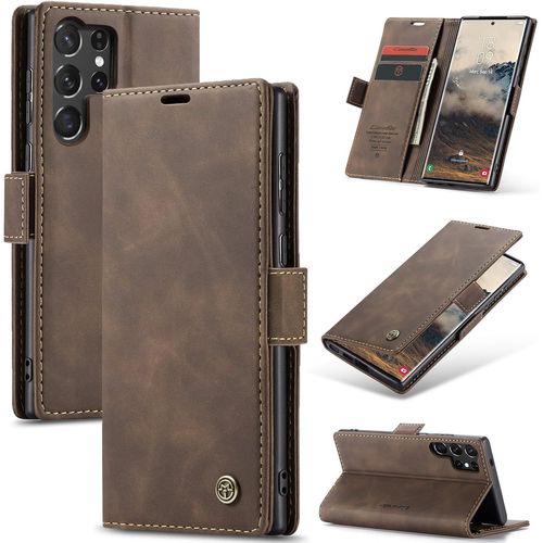 Trahoo-Coque Pour Samsung Galaxy S25 Ultra Pochette, Etui Protection Housse Premium En Cuir Pu, Etui À Rabat Pochette De Portefeuille Étui Pour Galaxy S25 Ultra Case, Café