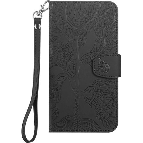 KAL-Coque Pour Iphone 5/Iphone 5S, Arbre De Vie Papillon Motif Housse Case En Cuir Synthétique À Rabat, Portefeuille Étui De Protection Avec Fentes Pour Cartes, Fonction De Support, Noir