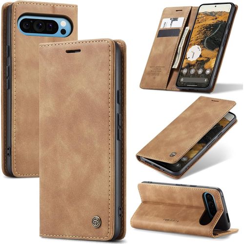 Sjzg-Coque Pour Google Pixel 9 Pro Xl 5g Premium Housse Cuir Protection Pochette Rabat Portefeuille Flip Case Porte Magnétique Coque Étui Pour Google Pixel 9 Pro Xl, Brun